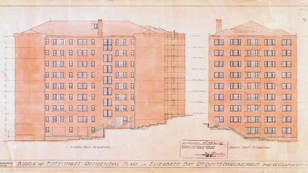 Architectural drawing of apartment building from two different perspectives.